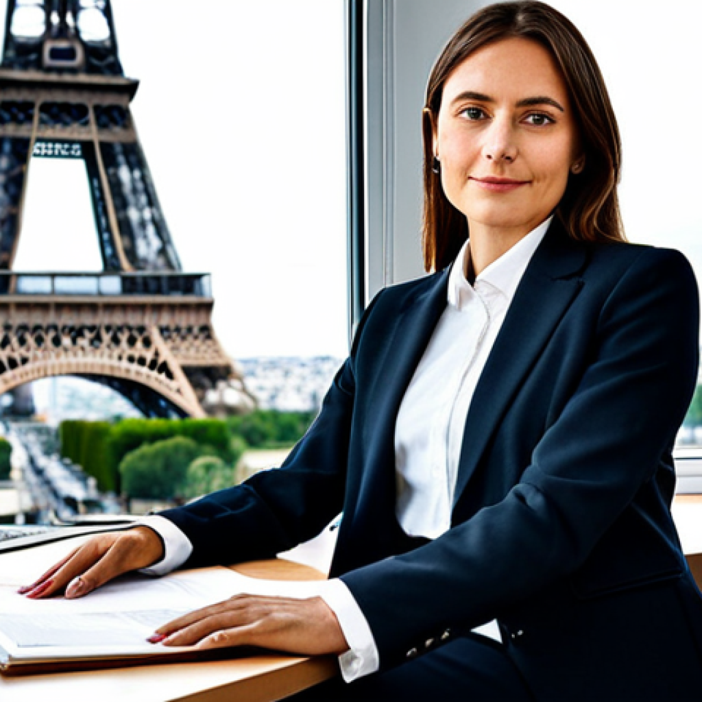 **

"A professional businesswoman in a modest business suit, sitting at a desk in a modern Parisian office with a view of the Eiffel Tower, fully clothed, appropriate attire, safe for work, perfect anatomy, natural proportions, professional photography, high quality"

**