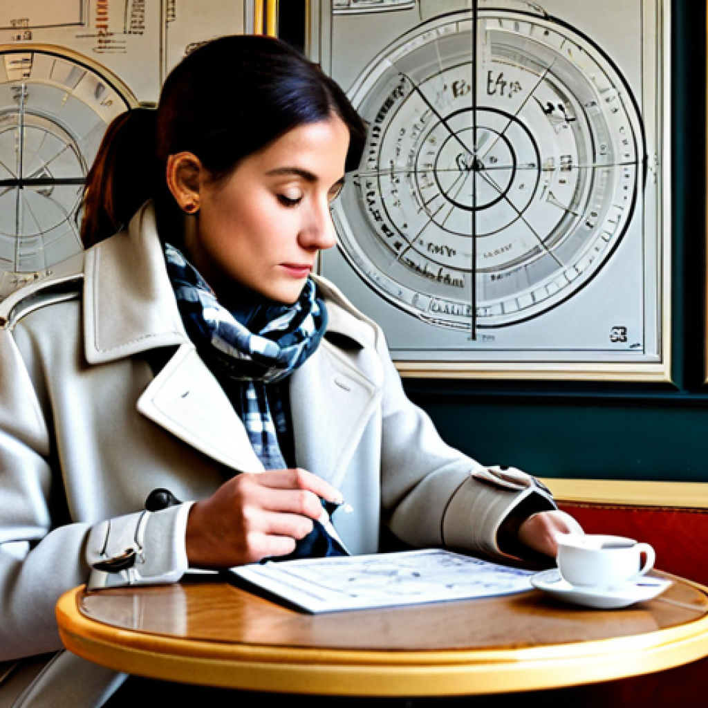 Astrological Chart in a Parisian Cafe**

"A beautifully detailed astrological chart overlaid on a photograph of a cozy Parisian cafe interior, complete with a small round table, checkered tablecloth, and a steaming cup of coffee. A stylishly dressed Parisian woman in a chic, fully clothed outfit (trench coat, scarf) studies the chart with a thoughtful expression. Soft, diffused lighting. Safe for work, appropriate content, fully clothed, professional, family-friendly, perfect anatomy, natural proportions, well-formed hands."

**
