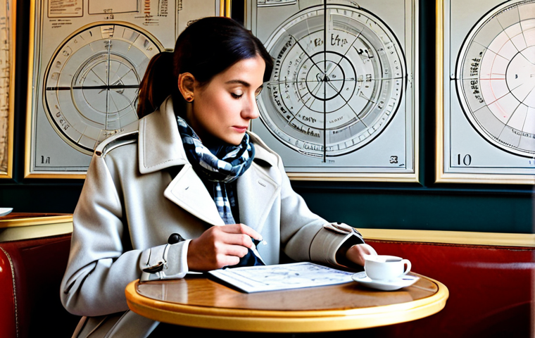 Astrological Chart in a Parisian Cafe**

"A beautifully detailed astrological chart overlaid on a photograph of a cozy Parisian cafe interior, complete with a small round table, checkered tablecloth, and a steaming cup of coffee. A stylishly dressed Parisian woman in a chic, fully clothed outfit (trench coat, scarf) studies the chart with a thoughtful expression. Soft, diffused lighting. Safe for work, appropriate content, fully clothed, professional, family-friendly, perfect anatomy, natural proportions, well-formed hands."

**