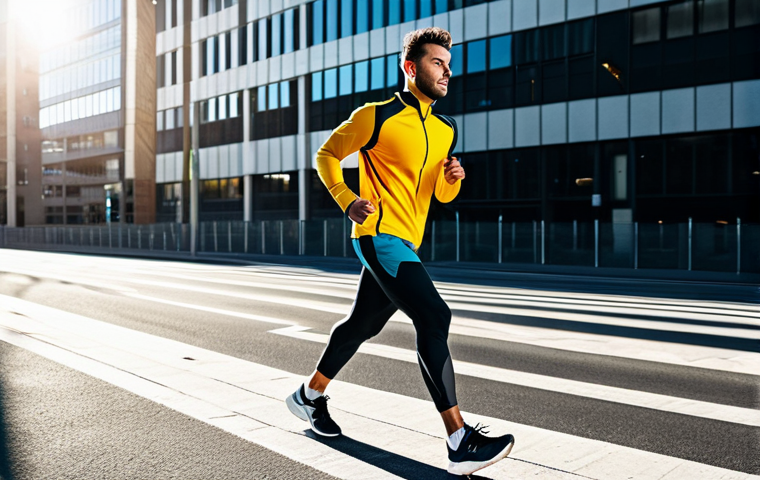 **Aries:** A determined and energetic athlete, fully clothed in modern sportswear, running through a dynamic urban landscape. Bright sunlight casting strong shadows. Perfect anatomy, correct proportions, natural pose. Safe for work, appropriate content, fully clothed, professional athletic photography.