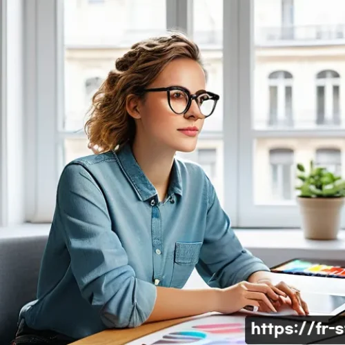 별자리별 직업 적성 - A professional creative workspace with a young French woman wearing stylish business casual attire a...