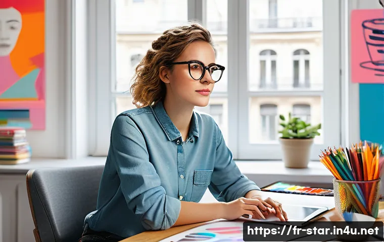 별자리별 직업 적성 - A professional creative workspace with a young French woman wearing stylish business casual attire a...