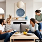 Home 21 별자리와 심리학 - A serene, modern living room scene featuring a diverse French family engaging in open, warm communic...