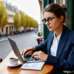 Home 20 별자리와 소비 습관 - A modern French woman thoughtfully managing her monthly budget at a cozy Parisian café, surrounded b...
