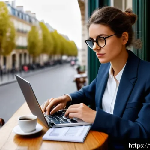 Home 32 별자리와 소비 습관 - A modern French woman thoughtfully managing her monthly budget at a cozy Parisian café, surrounded b...