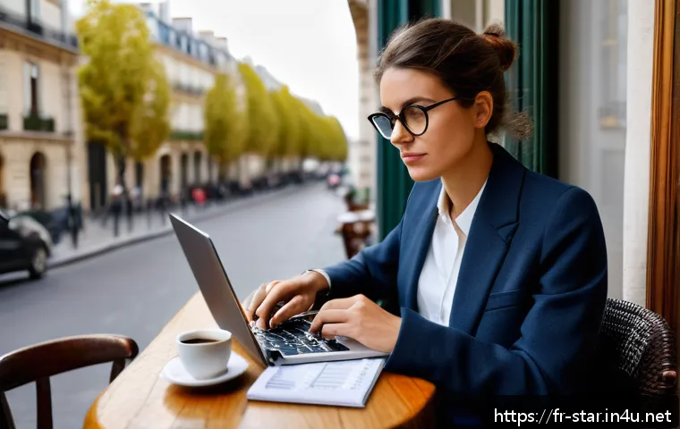 별자리와 소비 습관 - A modern French woman thoughtfully managing her monthly budget at a cozy Parisian caf&eacute;, surrounded b...