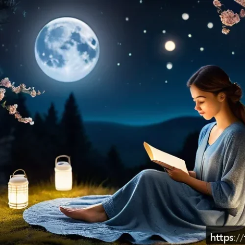Home 30 별자리와 달의 위상 - A serene nighttime scene depicting a thoughtful young adult woman sitting outdoors on a soft blanket...