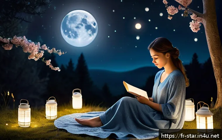 별자리와 달의 위상 - A serene nighttime scene depicting a thoughtful young adult woman sitting outdoors on a soft blanket...