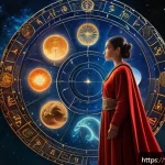 Home 23 별자리와 전생 회귀 - A mystical cosmic scene featuring the twelve zodiac signs arranged in a radiant circular pattern, ea...