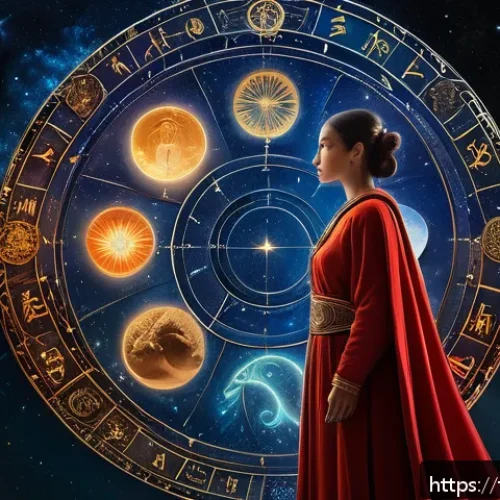 Home 17 별자리와 전생 회귀 - A mystical cosmic scene featuring the twelve zodiac signs arranged in a radiant circular pattern, ea...