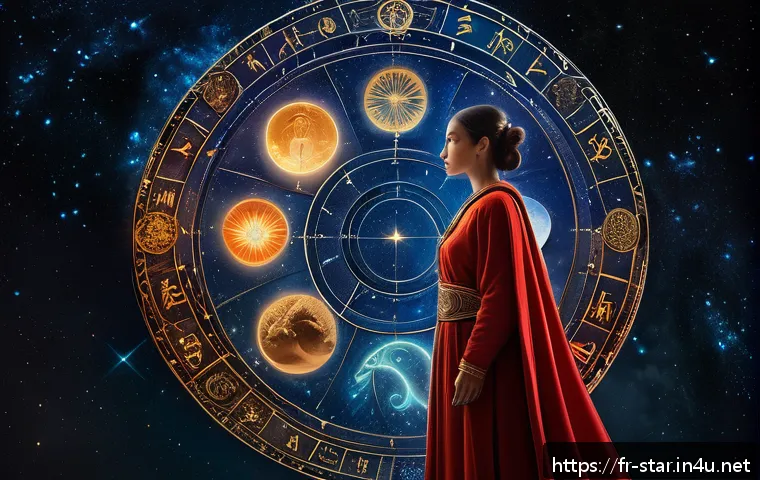 별자리와 전생 회귀 - A mystical cosmic scene featuring the twelve zodiac signs arranged in a radiant circular pattern, ea...