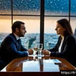 별자리와 협상 전략 - Photorealistic evening negotiation in an elegant Parisian boardroom, two French business professiona...