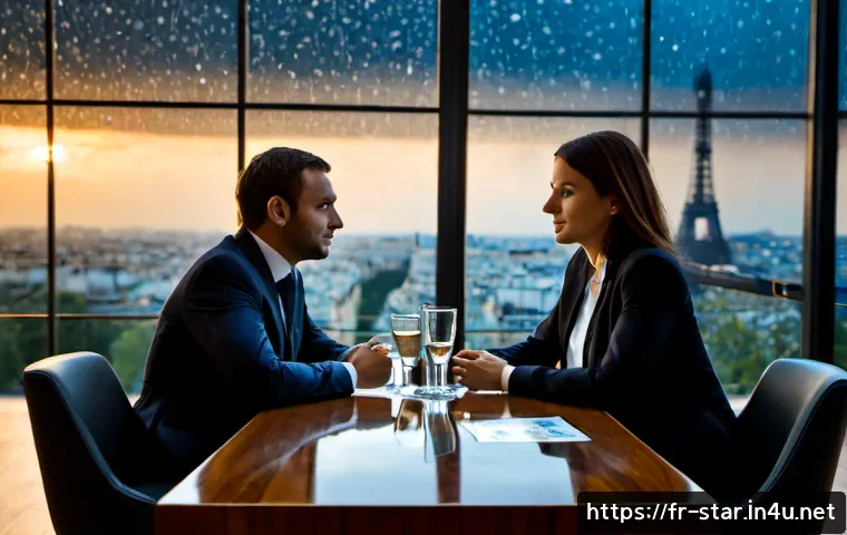 별자리와 협상 전략 - Photorealistic evening negotiation in an elegant Parisian boardroom, two French business professiona...