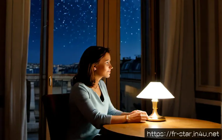 Home 17 별자리와 신념 체계 - Photorealistic evening scene in a quiet Paris apartment, a thoughtful middle-aged French woman seate...