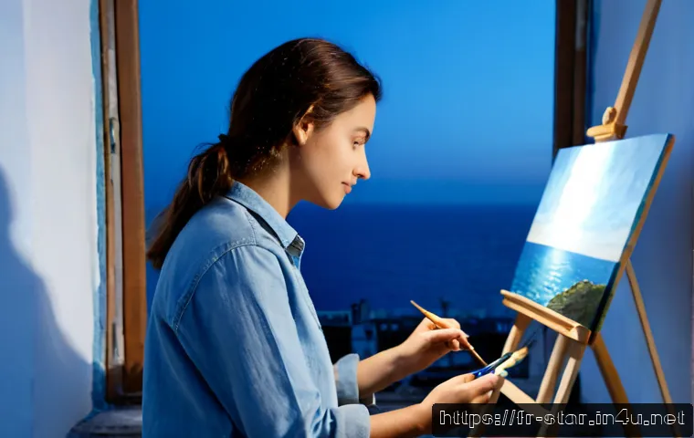 별자리와 해왕성 위치별 예술 감각 - Photorealistic Parisian artist’s studio at blue hour, a French woman painter in modest casual clothi...